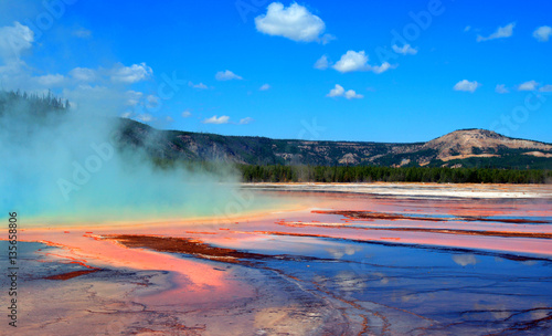 Grand Prismatic Spring during the day in the Midway Geyser Basin in Yellowstone National Park in Wyoming USA