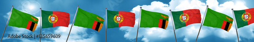 Zambia flag with Portugal flag, 3D rendering