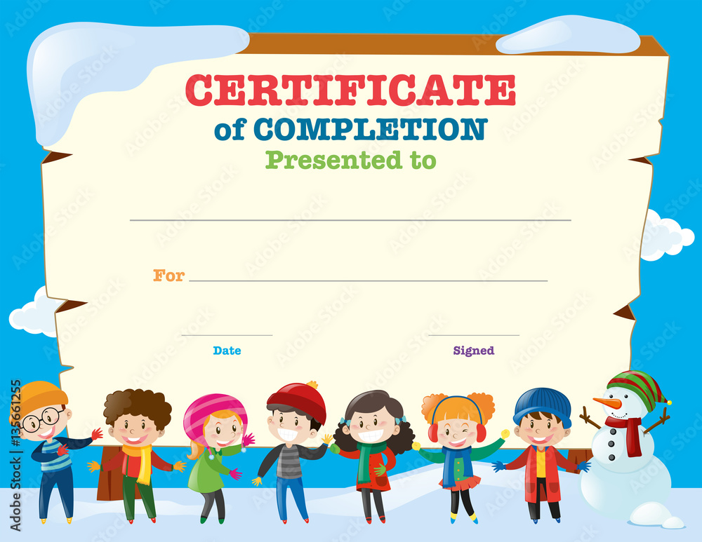 Certificate template with happy children in winter
