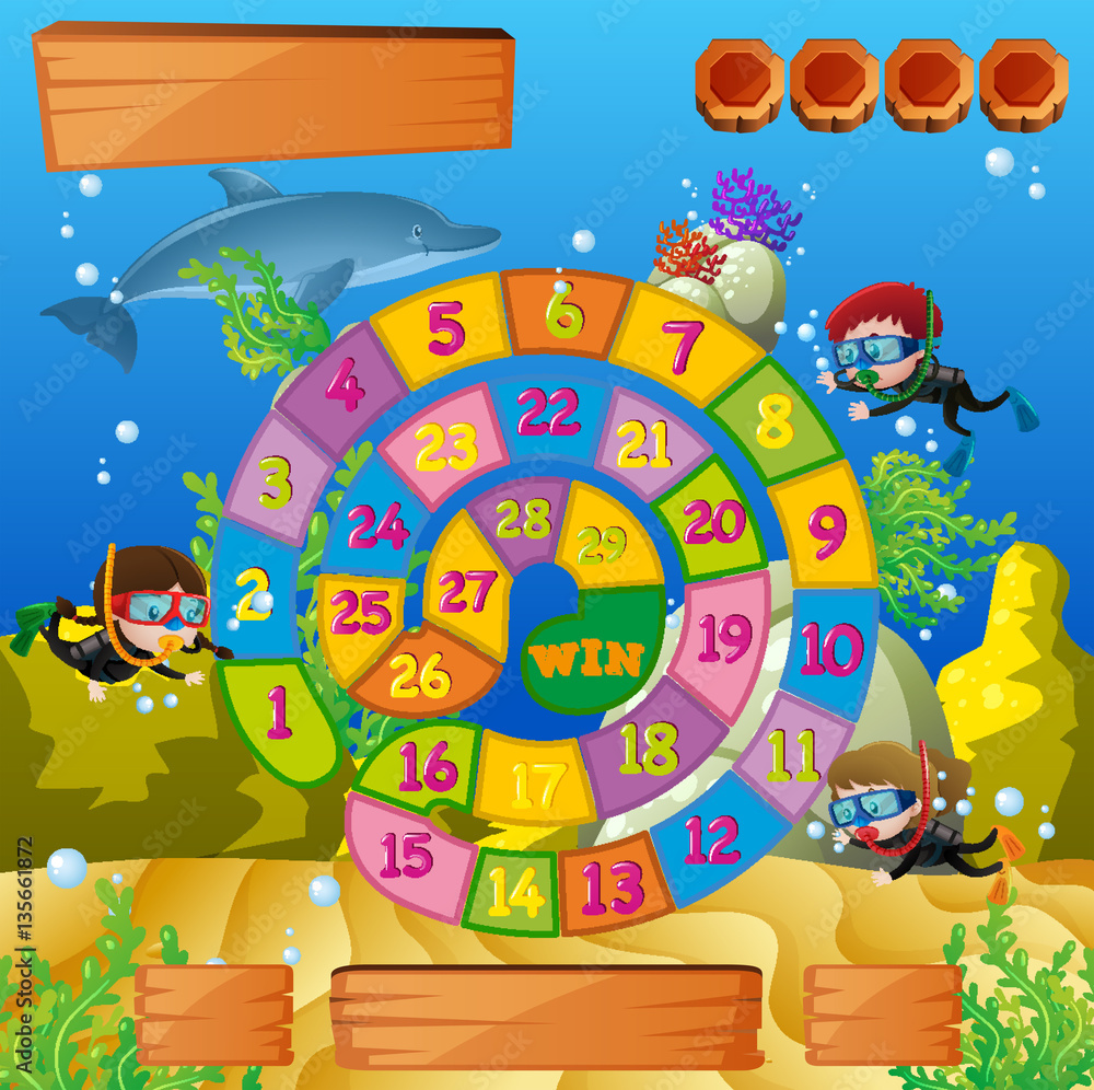 Obraz premium Boardgame template with kids diving under the sea