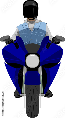 Color classic sport racing motorcycle with rider wearing helmet, jeans sleeveless jacket, hoodie and pants front view isolated on white vector illustration