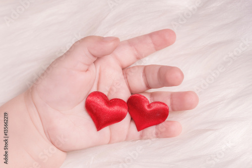 Red heart in the hand of a baby on white fur background