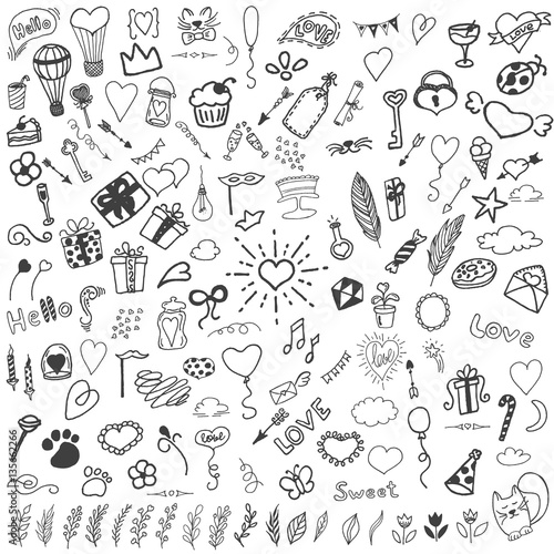 Sketchy vector hand drawn doodles cartoon set of Love and Valentine's Day objects and symbols.  Good for birthday invitation card design and other.