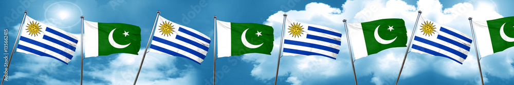Uruguay flag with Pakistan flag, 3D rendering