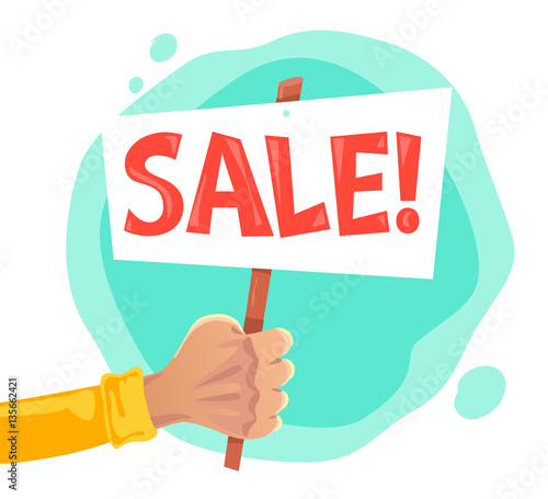Vector flat sale banner with human hand on white background