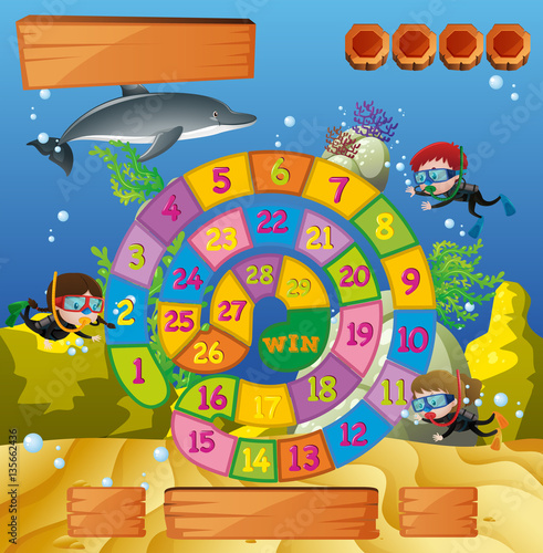 Boardgame template with kids underwater