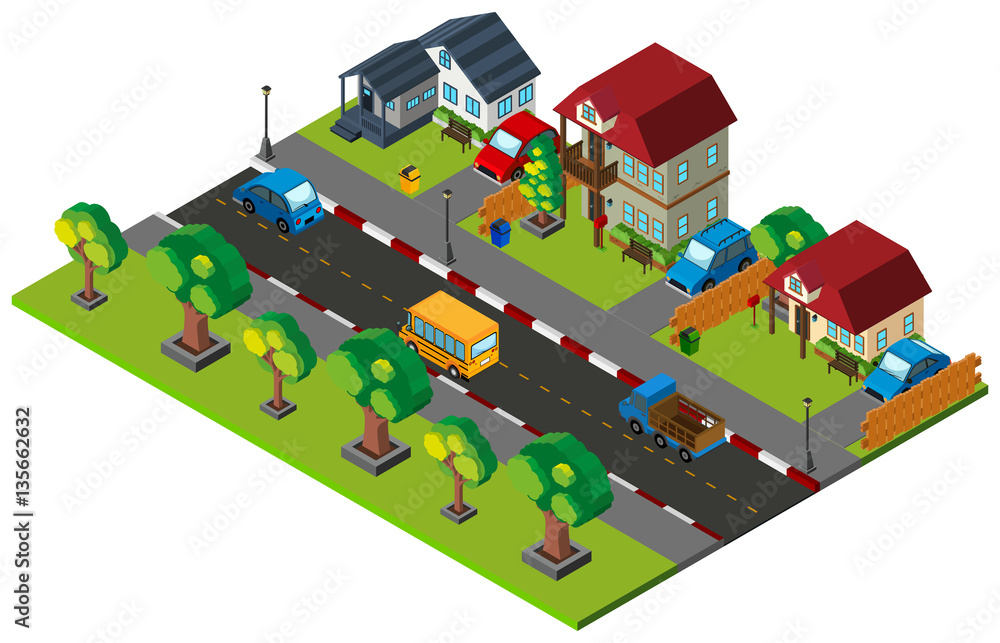 Fototapeta premium 3D design for town with houses and cars