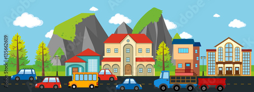 City scene with buildings and cars