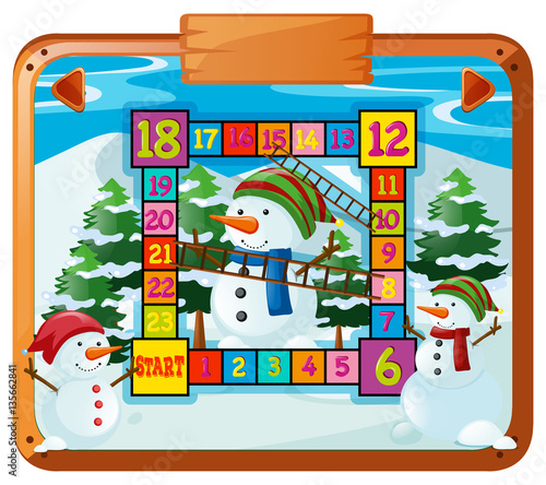Game template with snowman and pine trees