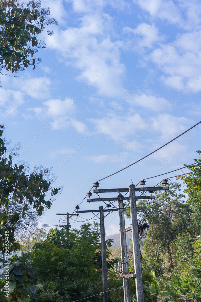 electric poles, electric poles power lines and wires with blue sky