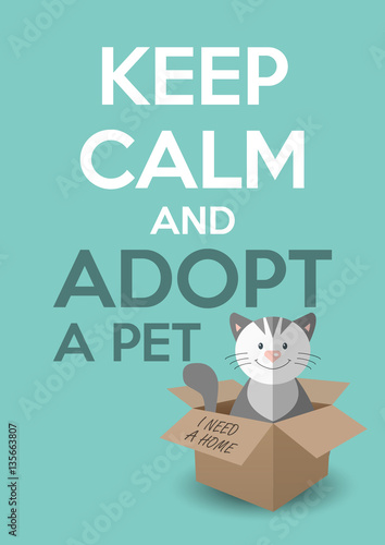 International homeless animals day. Keep calm an adopt a pet text. Cat rescue, protection, adoption concept. Flyer, poster template. Vector illustration