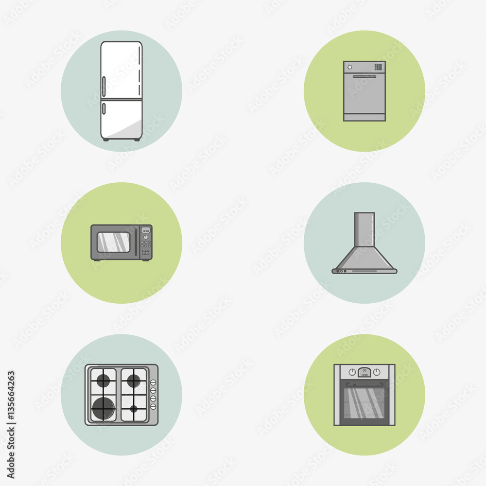 Set of icons of home appliances in flat style. Simple vector round icons in two colors.
Set of icons of home appliances in flat style. Simple vector round icons in two colors.