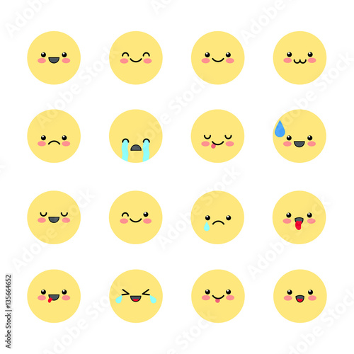Set Emoji icons for applications and chat. Emoticons with different emotions isolated on white background. Vector illustration in kawaii style.