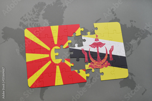 puzzle with the national flag of macedonia and brunei on a world map