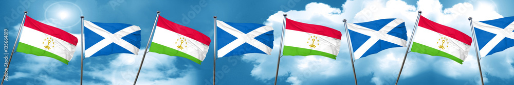 Tajikistan flag with Scotland flag, 3D rendering Tajikistan flag with Scotland flag, 3D rendering