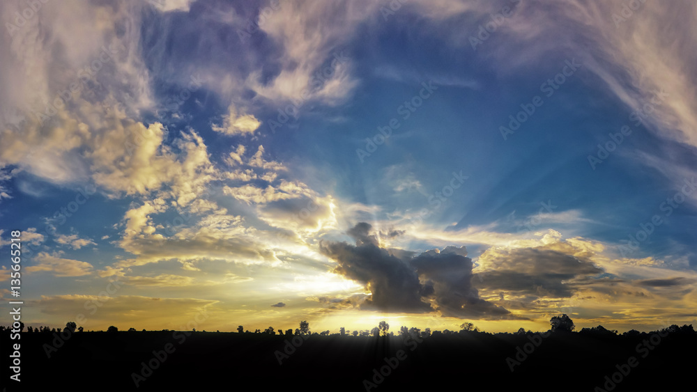 sunshine on sunset with Silhouette, sky and cloud