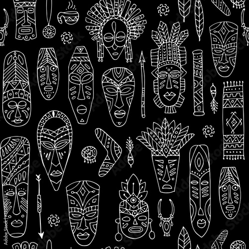Tribal mask ethnic, seamless pattern, sketch for your design