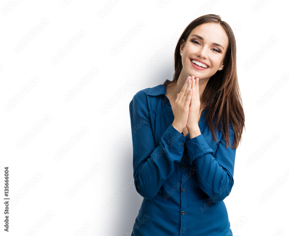 happy gesturing smiling young woman, isolated happy gesturing smiling young woman, isolated