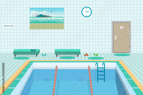 Public swimming pool inside with blue water. Flat cartoon vector