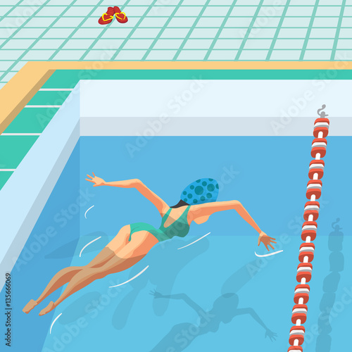 Young woman in sports swimsuit swims in the pool front butterfly