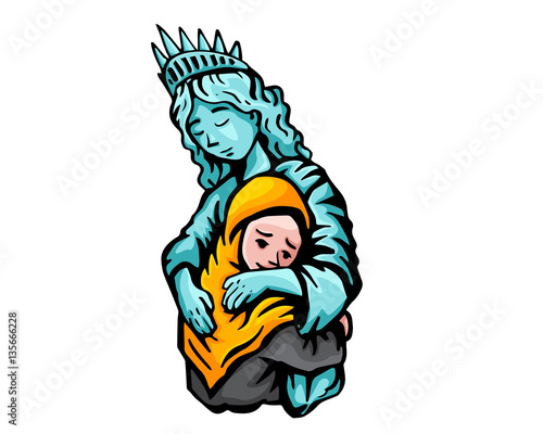 United States Of America Liberty Statue Protects Muslim Refugee Illustration For Muslim Ban Humanity Protest 