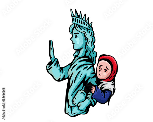 United States Of America Liberty Statue Protects Muslim Refugee Illustration For Muslim Ban Humanity Protest 