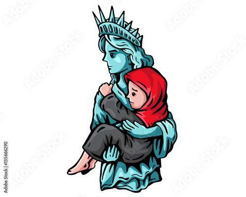 United States Of America Liberty Statue Protects Muslim Refugee Illustration For Muslim Ban Humanity Protest 