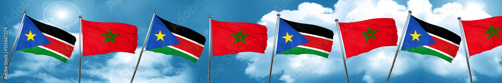 south sudan flag with Morocco flag, 3D rendering south sudan flag with Morocco flag, 3D rendering