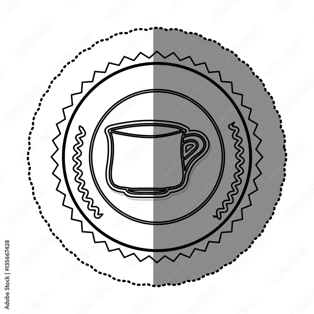 monochrome sticker round frame with porcelain mug vector illustration