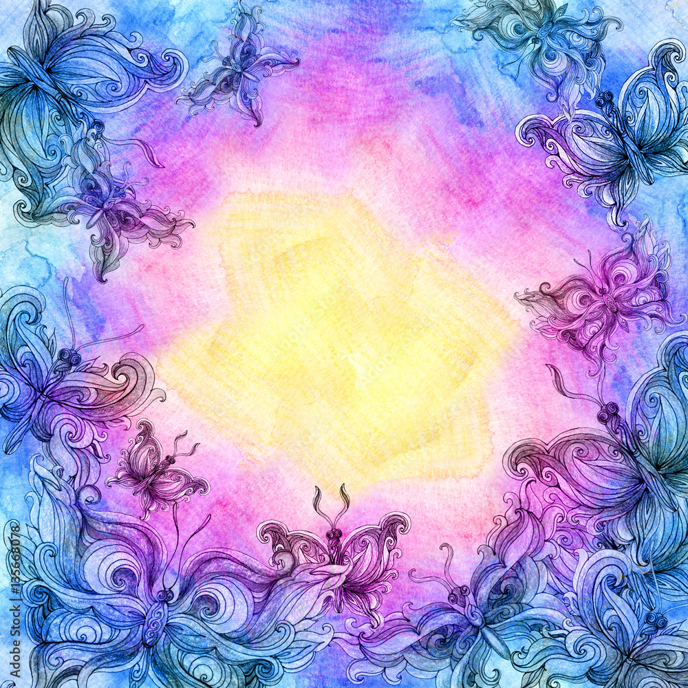 Watercolor butterfly background in rainbow colors