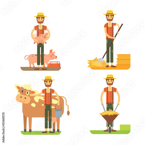 farmers using agricultural tools. Set farmer vector illustration