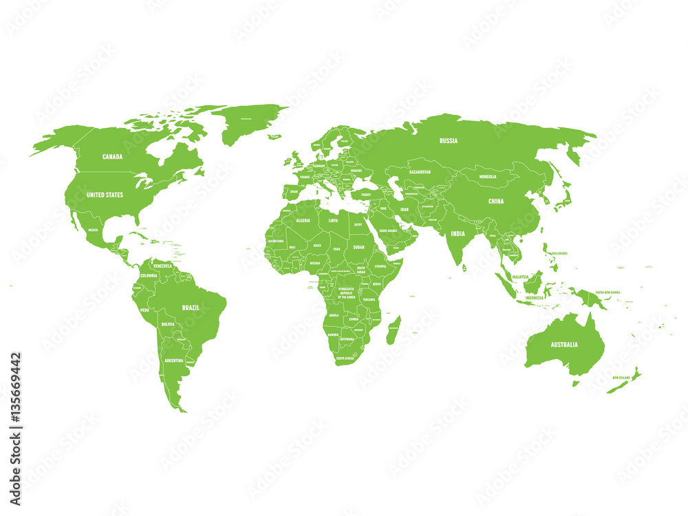 Green political World map with country borders and white state name labels. Hand drawn simplified vector illustration.