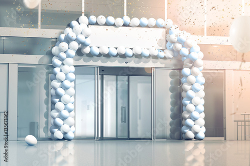 New business grand opening mockup, celebration at the office entrance, 3d rendering. Blank signage banner under store entry, confetti and balloons decorated supermarket exterior. Progress and success. photo