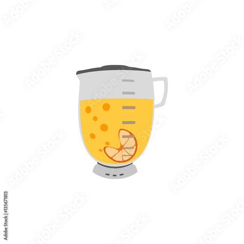 Kitchen appliance isolated on white. Electric juice blender. Home food processor juicer machine. Freehand drawn cute cartoon vector illustration of household blending device. Orange drink kitchenware