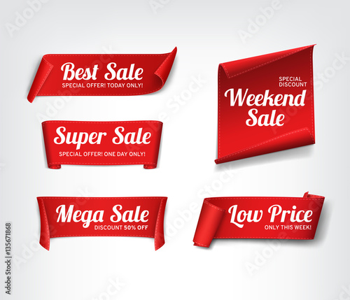 A set of red paper sale banners. Vector illustration.