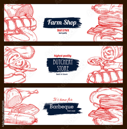 Butchery shop meat sausages banners sketch set