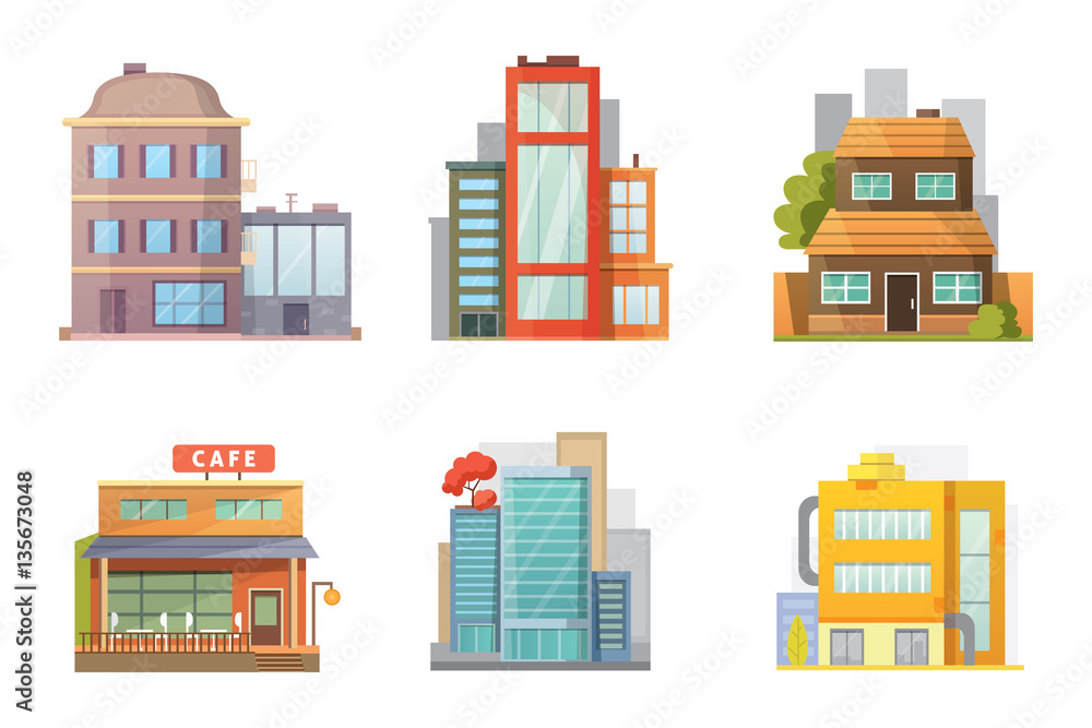 Flat design of retro and modern city houses. Old buildings, skyscrapers. colorful cottage building, cafe house. Flat design of retro and modern city houses. Old buildings, skyscrapers. colorful cottage building, cafe house.