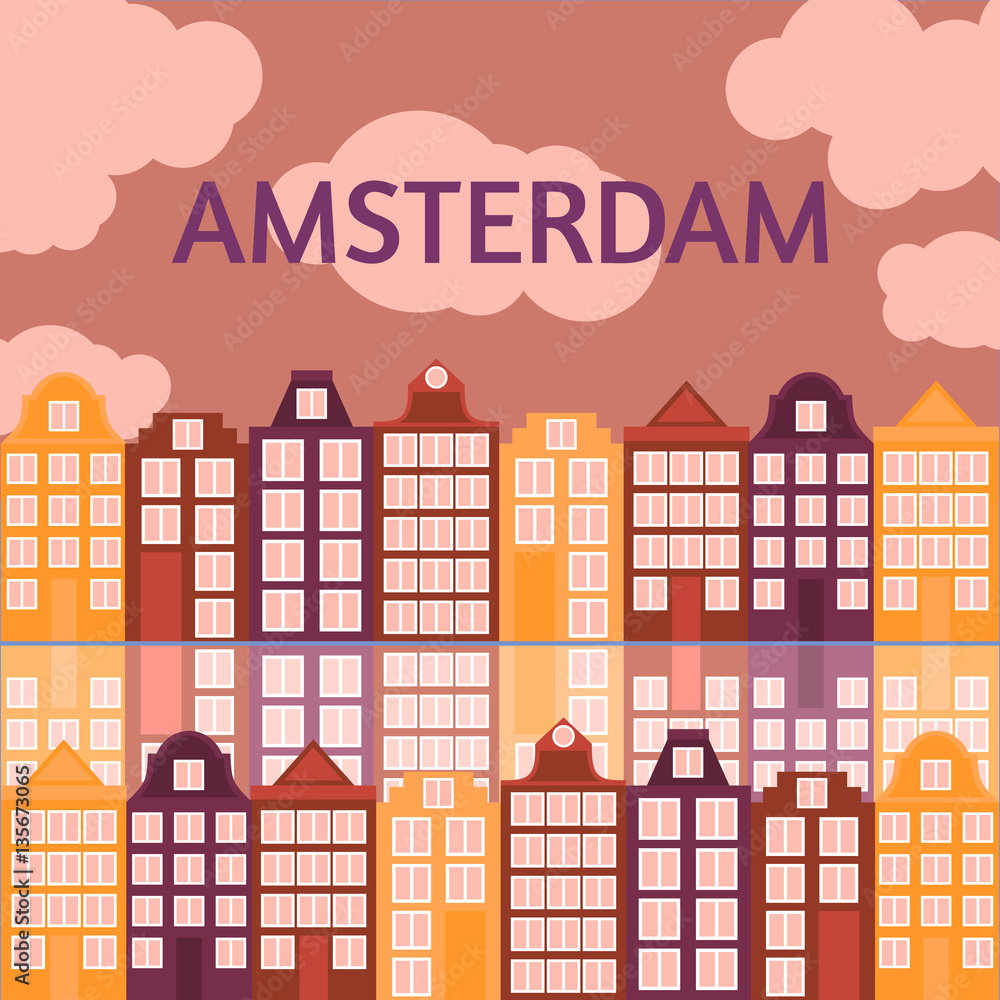 Obraz premium Amsterdam city flat line art. Travel landmark, architecture of netherlands, Holland houses, european building isolated set,
