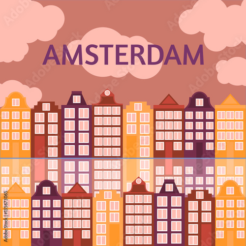 Amsterdam city flat line art. Travel landmark, architecture of netherlands, Holland houses, european building isolated set,