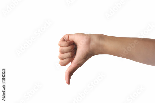 Hand with thumb down isolated on white background