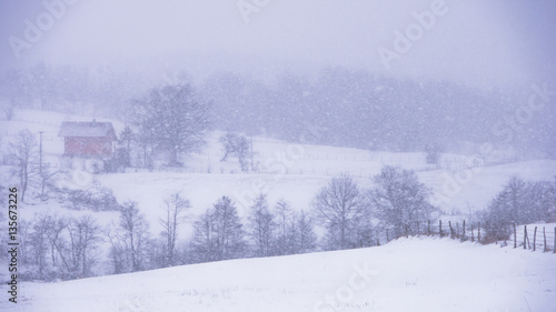 Landscape with hills and fields during snow storm, mountain Kozomor, Serbia