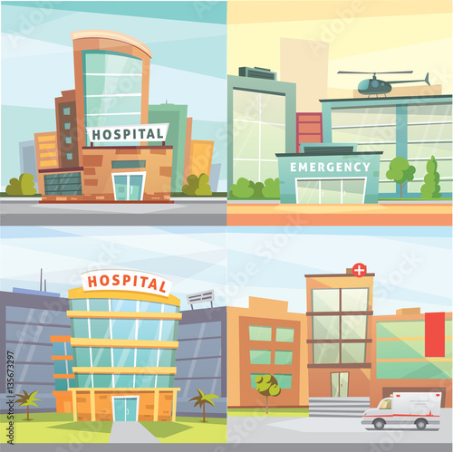 Set Hospital building cartoon modern vector illustration. Medical Clinic and city background. Emergency room exterior.