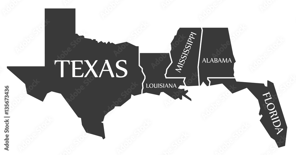 Texas - Louisiana - Mississippi - Alabama - Florida Map labelled black  Stock Vector