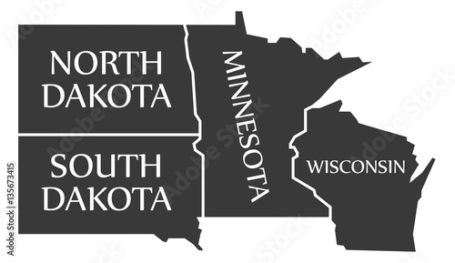 North Dakota - South Dakota - Minnesota - Wisoncsin Map labelled black