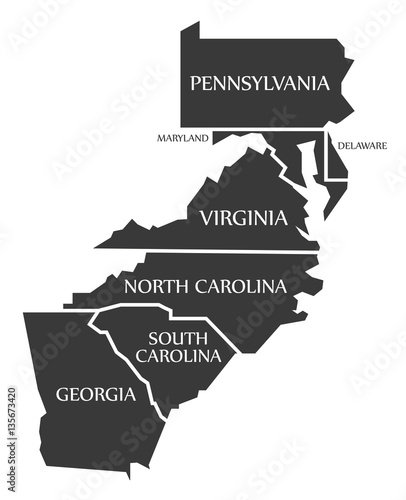 Pennsylvania - Maryland - Delaware - Virginia - North and South Caronlina Map labelled black photo