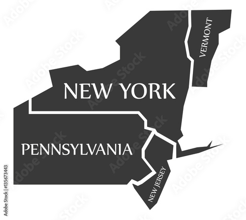 Vermont - New York - Pennsylvania - New Jersey Map labelled black