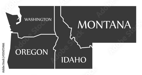 Washington - Oregon - Idaho - Montana Map labelled black