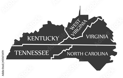 Kentucky - Tennessee - West Virginia - Virginia - North Carolina Map labelled black