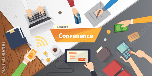 Business Conference or meeting vector concept. Startup company people working together. Flat style illustration.