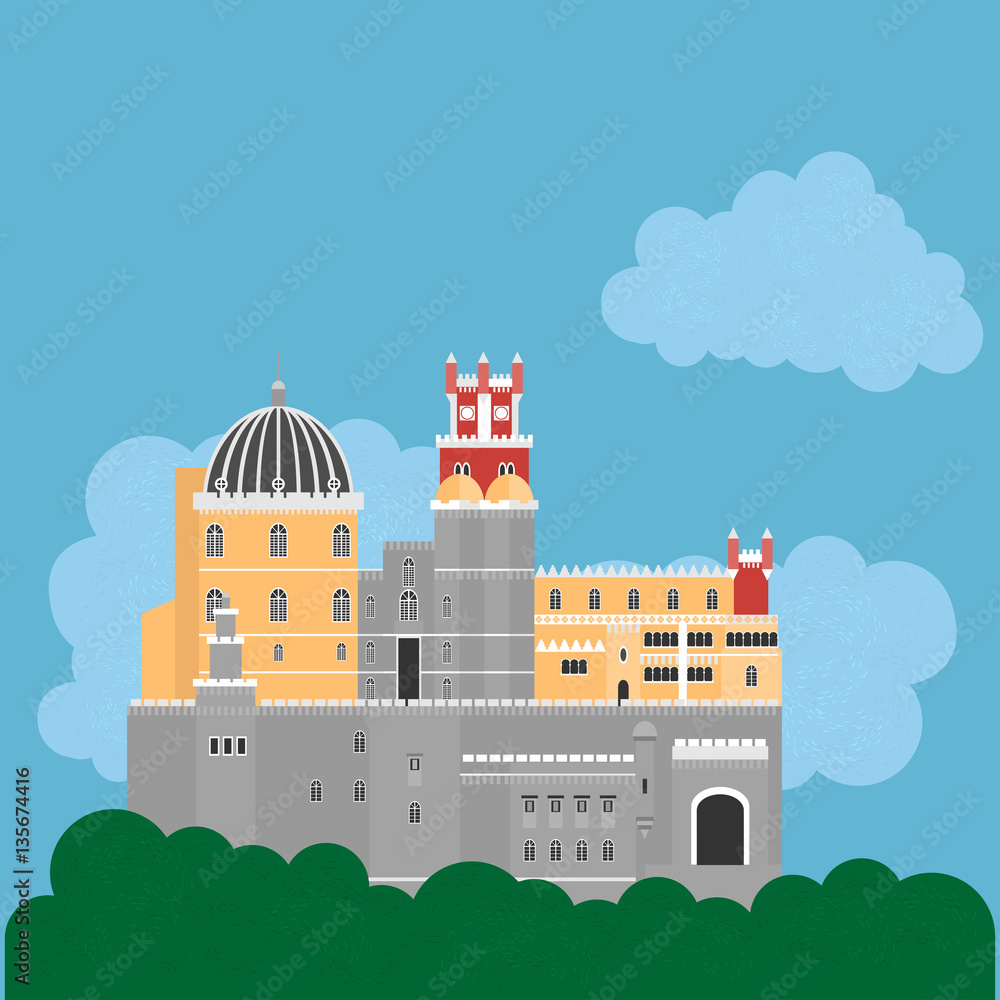 Travel landmark Portugal elements. Flat architecture and building icons Sintra castle Pena Palace, National portuguese symbol.